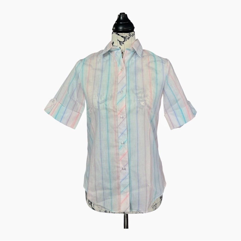 Vintage Accent Shirt Women’s Small White/Pastel Button Up Cotton Blend USA